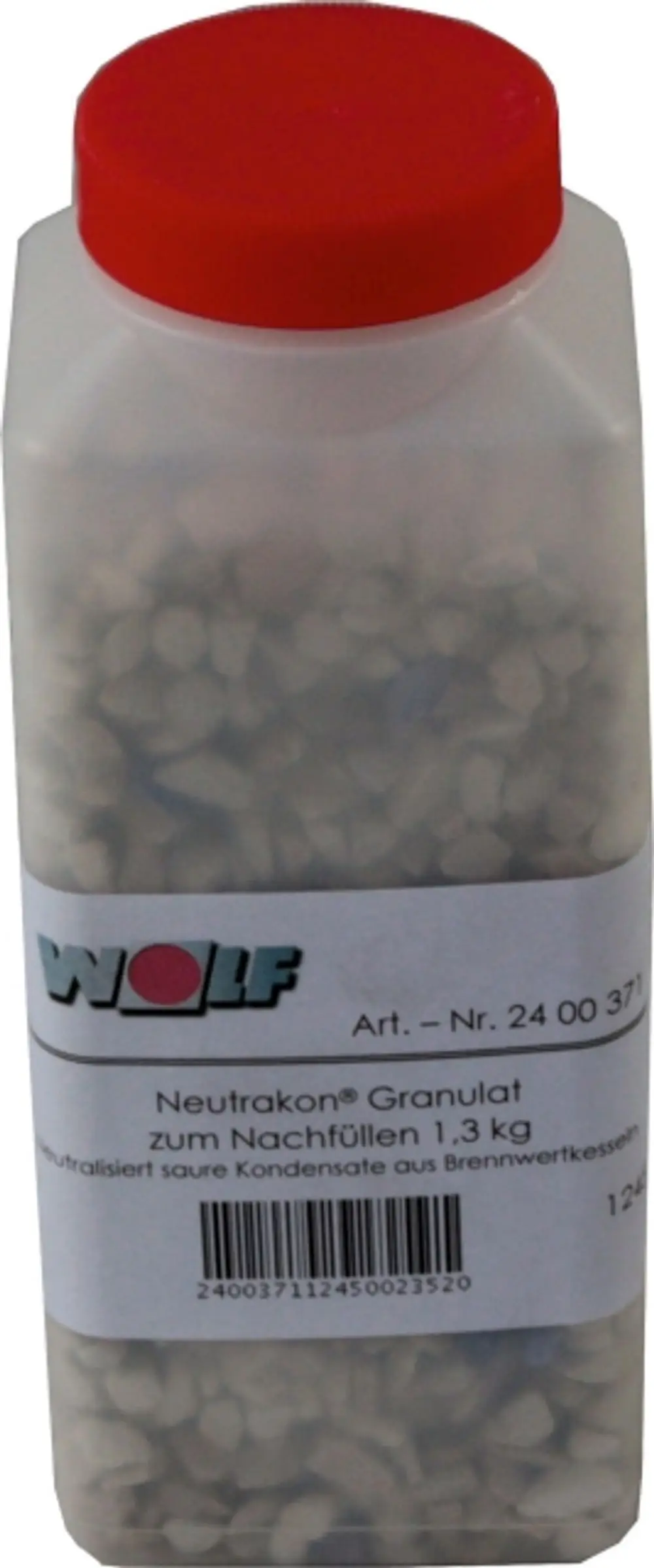 Transparente Kunststoffflasche mit rotem Deckel, gefüllt mit kleinen grauen Granulaten. Auf dem Etikett steht "Wolf" und weitere Produktinformationen.